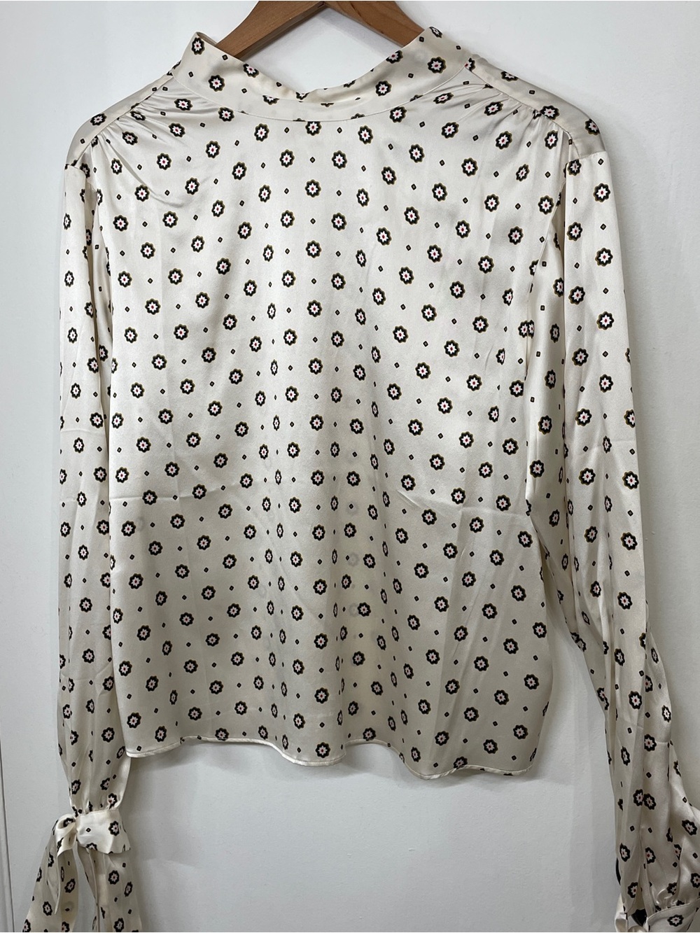 Anine Bing Silk Champagne Esther Floral Dot Tie-Cuff Blouse